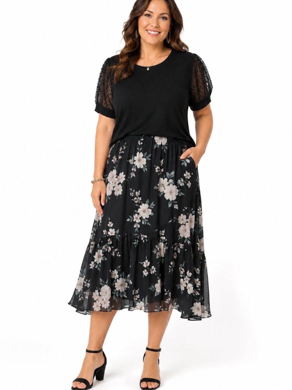 CECE Short Sheer Sleeves Scoop Neck Black Blouse NWT L